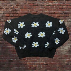 Black wool white and yellow flower sweater 💐
